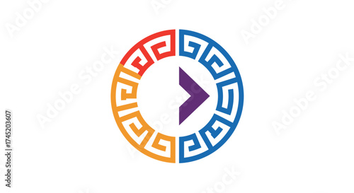 Circular emblem with greek key design and a purple play button