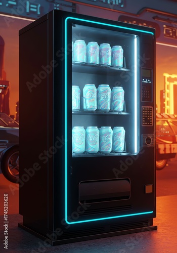 Modern Vending Machine with Illuminated Neon Frame Displaying Cans in Urban Night Setting