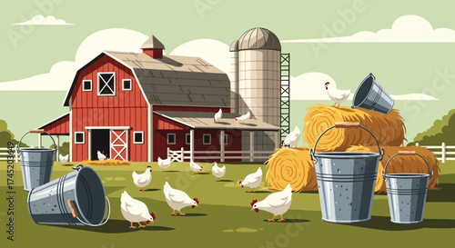 Farm scene with chickens and buckets near a red barn.