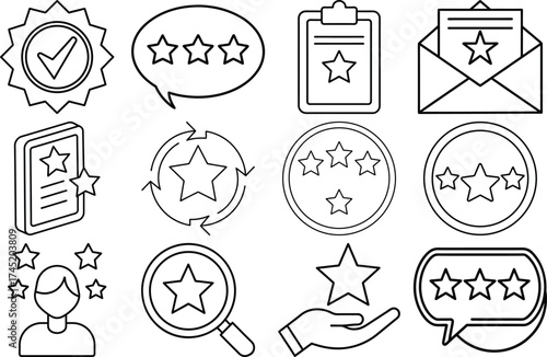 Set of rating and feedback icons, isolated on white background vector line art