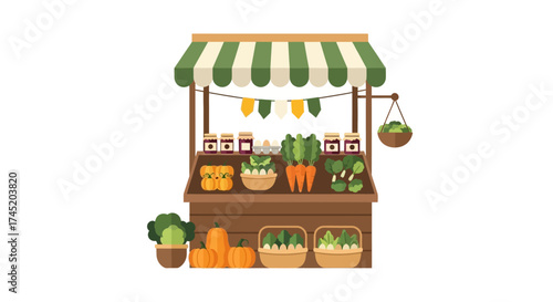 Fresh produce market stall with various vegetables and fruits for sale.