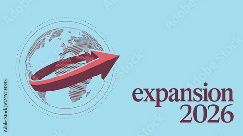 Earth globe with arrow around it and expansion text with the year twenty twenty six on a light blue background