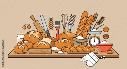 Freshly baked bread and bakery items on wooden shelf.