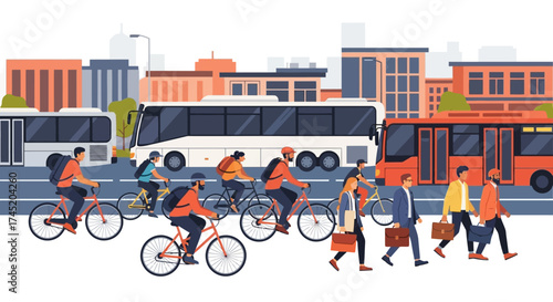 People cycling and walking on the city street with buses.