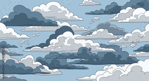 Overcast sky filled with fluffy clouds and light blue background.