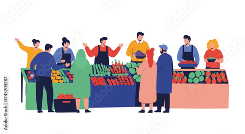 People shopping at a farmers market for fresh produce and vegetables.