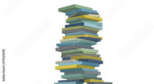 Stack of colorful books arranged in a precarious tower formation.