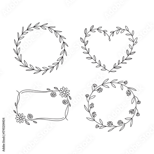 Hand-drawn Floral and Leaf Wreath Collection Vector Line Art Vintage flower branches, leaf laurel design silhouettes. Nature inspired clipart for wedding or logo.