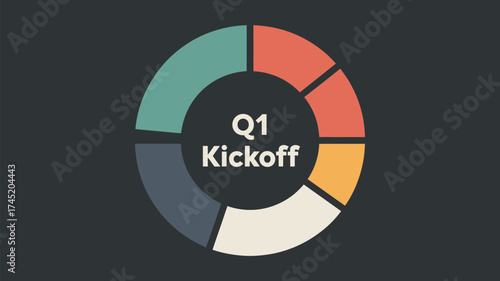 A graphic depicting a q kickoff with a segmented circle in teal red yellow white and dark blue colors