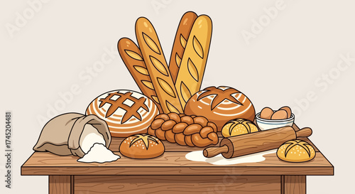 Variety of freshly baked bread and pastries on a wooden table.