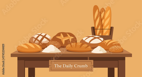 Variety of freshly baked bread loaves on a wooden table.