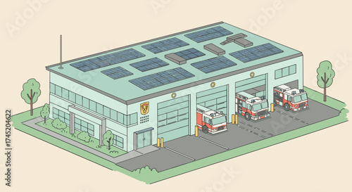Modern green energy fire station with solar panels and fire trucks in isometric design