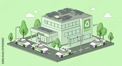 Eco-friendly police station with solar panels and green patrol cars in isometric style
