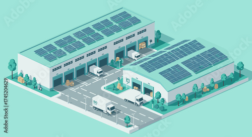 Sustainable isometric warehouse with solar panels and eco-friendly trucks
