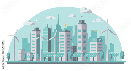Sustainable urban cityscape with renewable energy and eco-friendly architecture