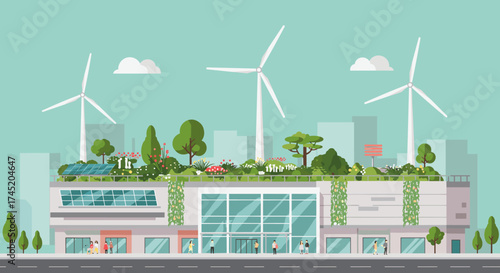 Green urban rooftop with wind turbines and garden in eco-friendly cityscape