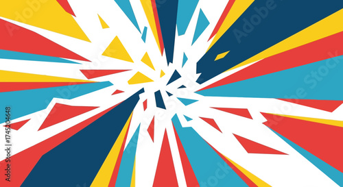 Abstract burst of colorful geometric shapes radiating outwards from the center.