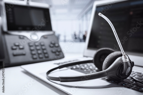 VOIP headset headphones telephone and laptop concept for communication, it support, call center and customer service help desk
