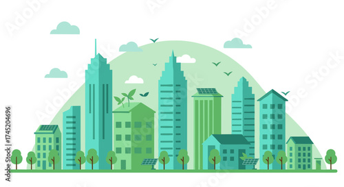 Sustainable green cityscape with solar panels and eco-friendly buildings