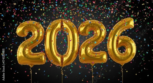 Wallpaper Mural Golden balloons spell out 2026 amidst falling confetti Torontodigital.ca