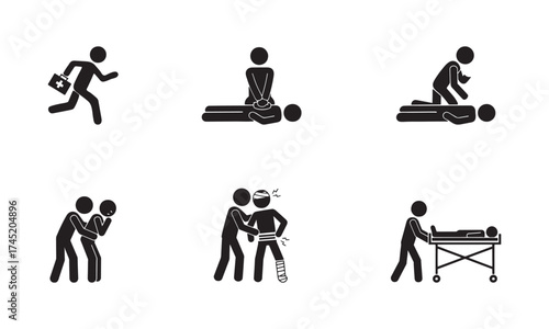 Icons of first aid procedures and emergency medical techniques CPR, Injury Treatment, and Emergency Rescue Pictograms