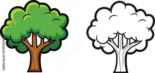 Cartoon tree with green canopy and brown trunk, nature illustration in color and black-and-white outline version, kids coloring book page vector