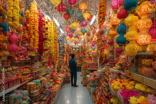Festive shop interior filled with colorful Diwali decorations.