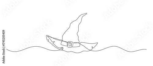 Wizard hat one continuous line illustration. Hand drawn doodle vector sketch isolated on white background. Halloween design