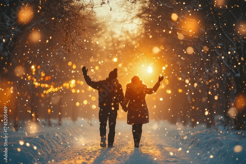 people walking in snow at sunset.