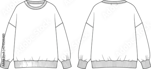 Crewneck sweatshirt illustration, dropped shoulders with ribbed cuffs and hem, front and back view, fashion garment vector, technical sketch template