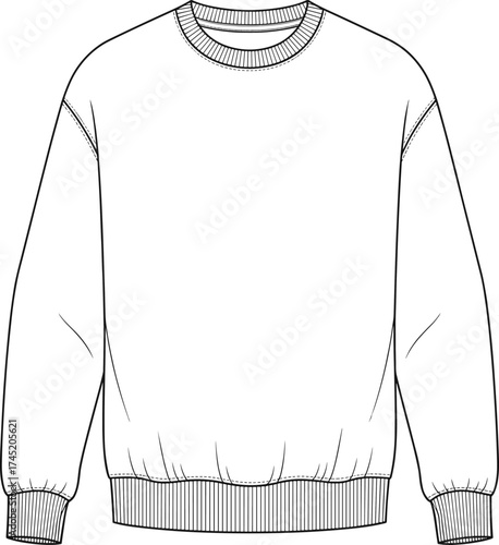 Crewneck sweatshirt illustration, ribbed neckline, cuffs and waistband, clean base design for customization, fashion garment vector, technical sketch template