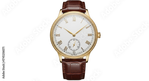 Elegant oval gold wristwatch with brown leather strap isolated on transparent background