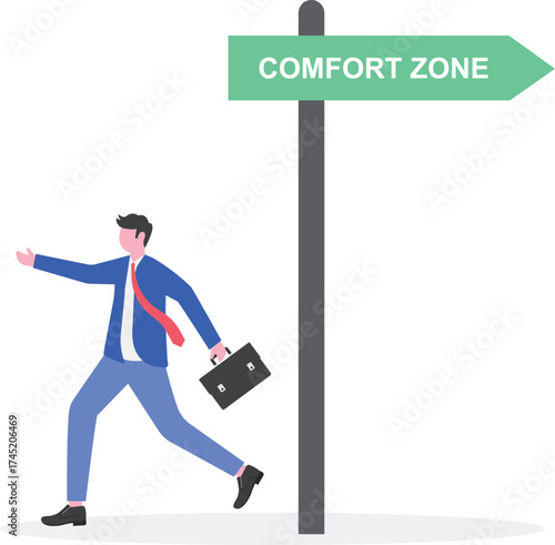 Businessman steps out of comfort zone circle, illustrating initiative to get out of safe zone.
