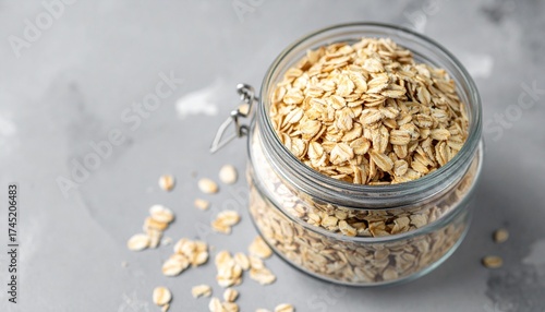 Organic Oats Flakes in Glass Jar for Premium Grain Food Object and Healthy Breakfast Concept © Artbi