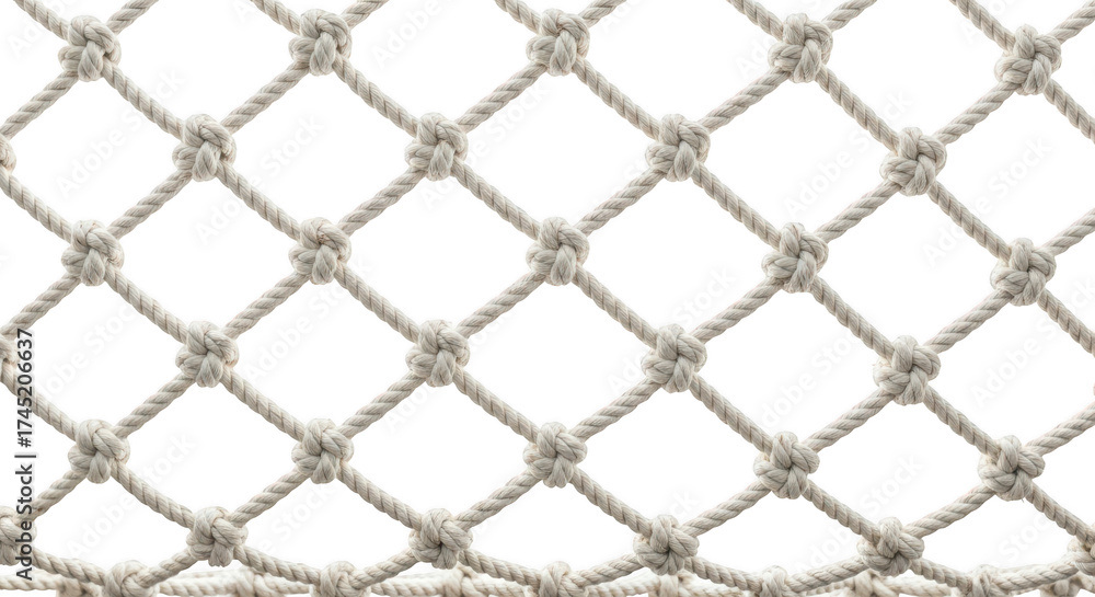 Fototapeta premium Close up of a woven rope net with diamond shaped openings isolated on transparent background