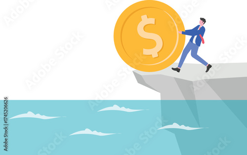 Frustration businessman struggling pushes money coin of the cliff in flat design
