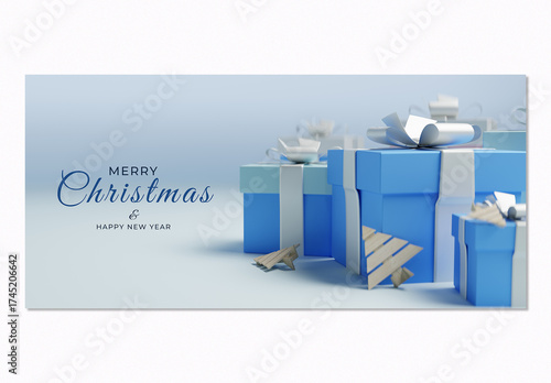 3D Rendering Christmas and New Year Background Mockup with Blue Gift Boxes