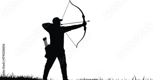Archer aiming bow silhouette illustration, traditional archery and focused motion concept artwork for lifestyle, sport, and cultural ritual design