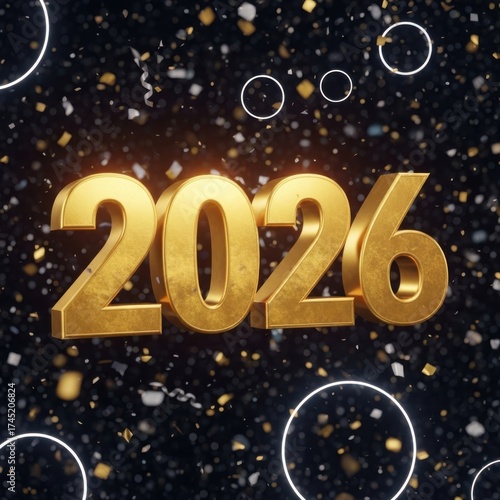 Wallpaper Mural Golden 2026 text with sparkling stars and bubbles Torontodigital.ca