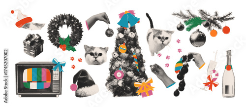 Christmas halftone art and hand drawn elements. Holiday Xmas stickers collage cut outs. Xmas tree, tree toys, wreath, bow, gift. Retro grunge vector illustration.