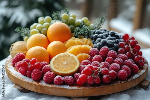 Fresh fruit and berries displayed on a wooden platt.