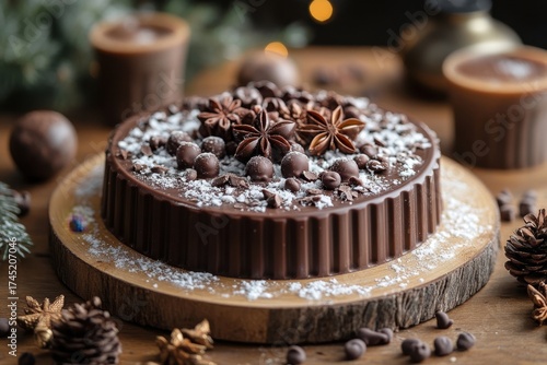 Chocolate tart topped with nuts.