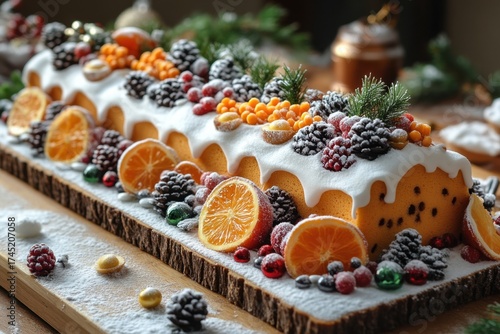 Christmas cake adorned with oranges and berries.