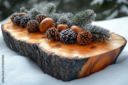 Pine cones on wooden slice.