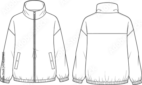 High-collar jacket illustration, front zipper closure with welt pockets and elastic cuffs, clean back view, fashion garment vector, technical sketch