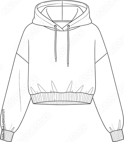 Hooded sweatshirt illustration, drawstring hood with dropped shoulders and ribbed cuffs, stylized seam detail, front view, fashion garment vector, technical sketch