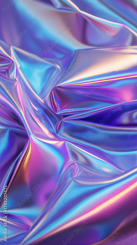 Obraz premium Close-up of iridescent fabric with folds in vibrant purple, pink, and blue tones. 