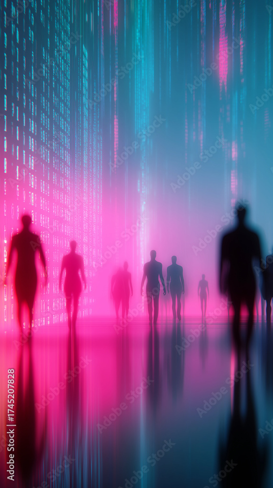 Naklejka premium Silhouettes of people walking through a digital landscape filled with binary code and neon lighting. 