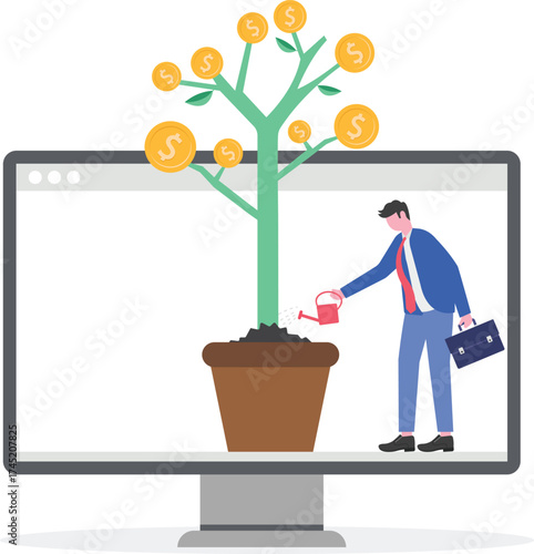 Idea of income, person on profit concepts with character. People watering a plant of money on smartphone screens.
