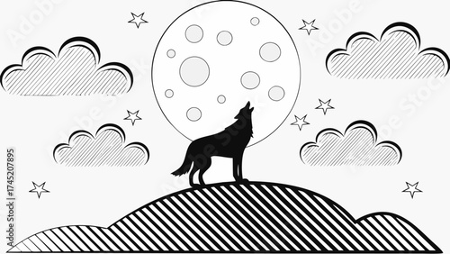 Striking silhouette of wolf howling at the full moon, set on a hill with clouds and stars